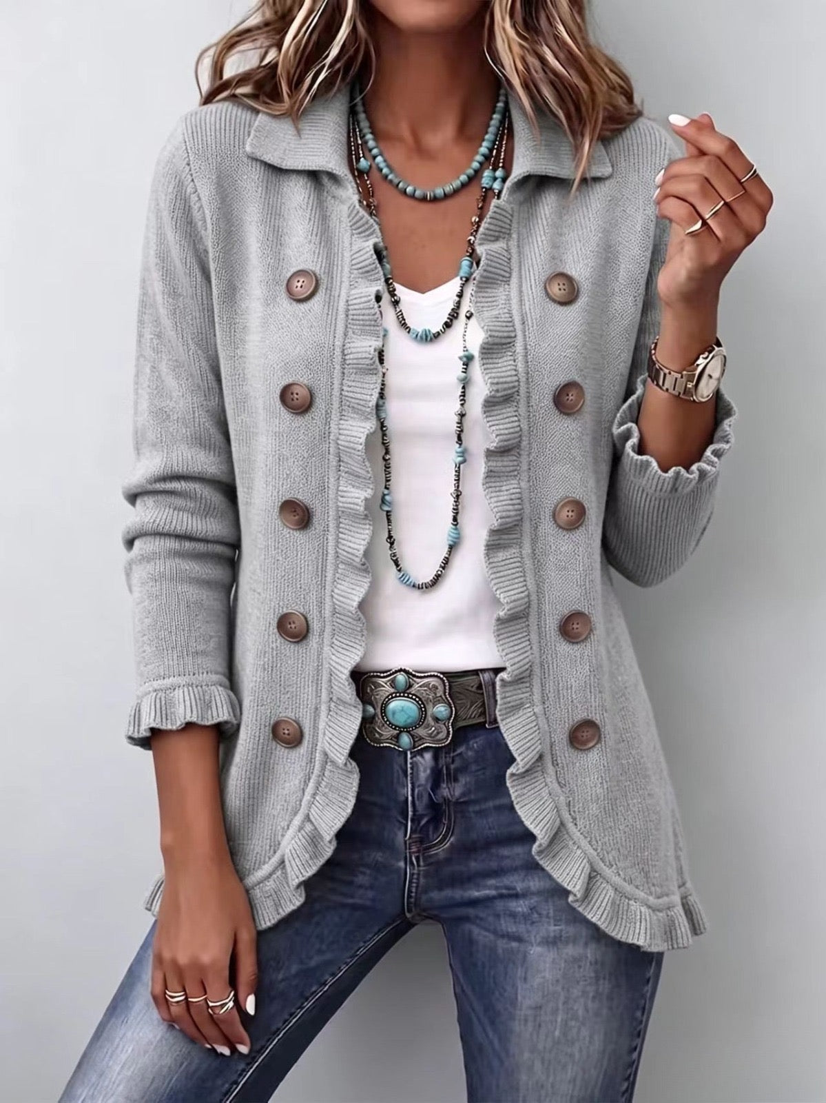 Teresa | Chaqueta de Punto Acanalado Gris Jaspeado con Volantes