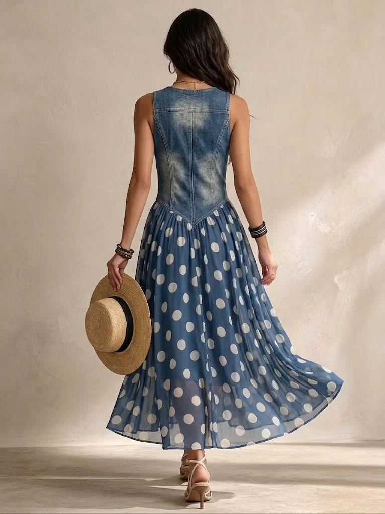 Alba - Vestido largo denim y lunares