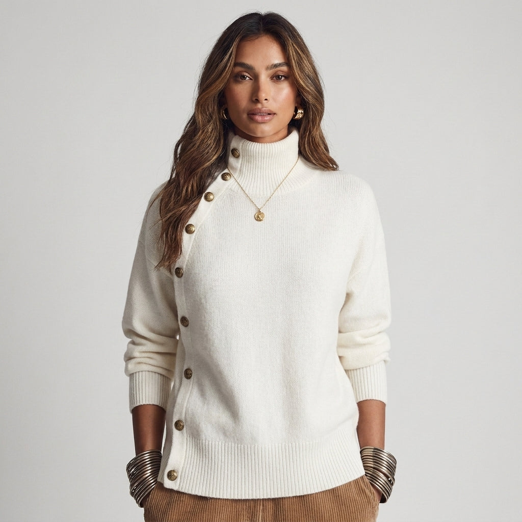 Susana - Maglione a Collo Alto Chic Elegante con Bottonatura Asimmetrica