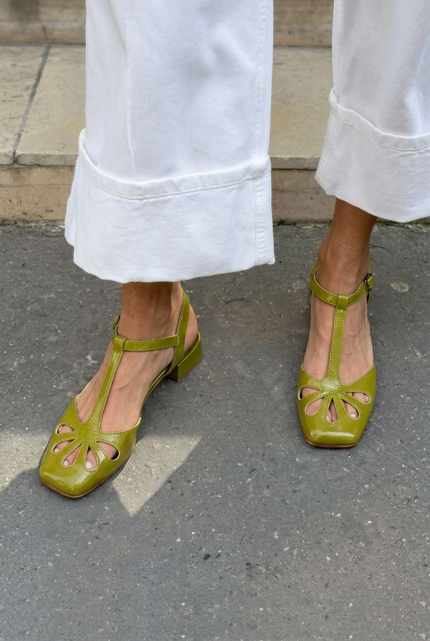 Tacones de bloque naranjas con tira en T, punta cuadrada y cut-out floral