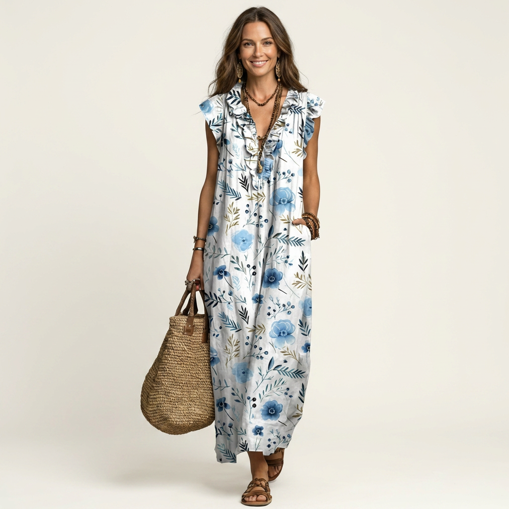 Odetta | Vestido Maxi con Volantes y Escote en V