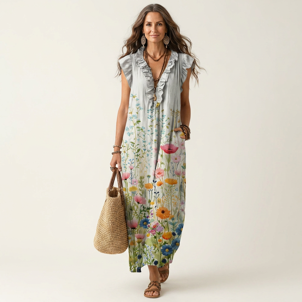 Speranza | Vestito Maxi con Volant e Scollo a V