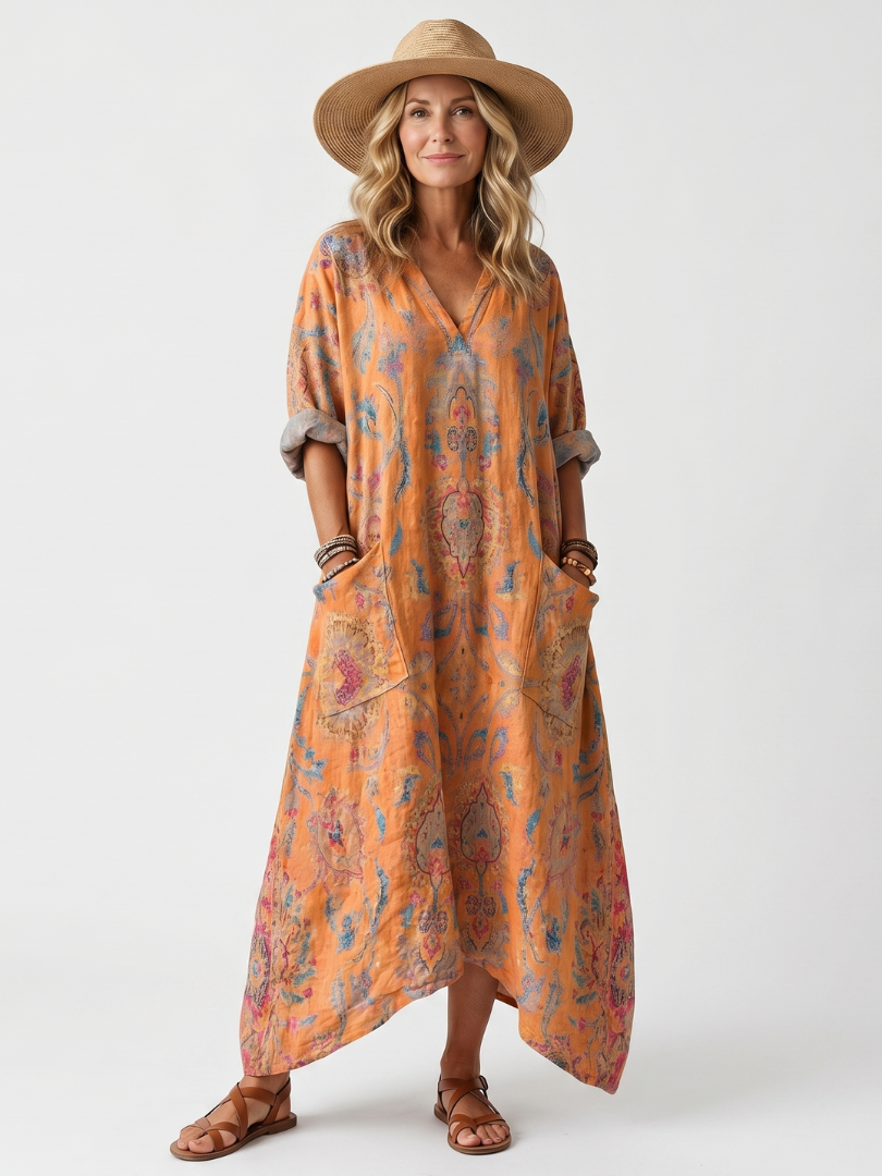 Antonella | Vestito Midi Oversize Stampato con Tasche e Collo a Intaglio
