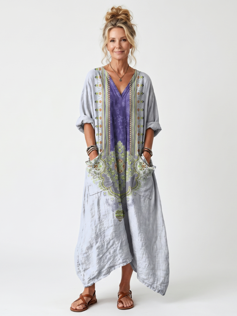 Erminia | Vestito Midi Oversize Ricamato a Pannello a Contrasto