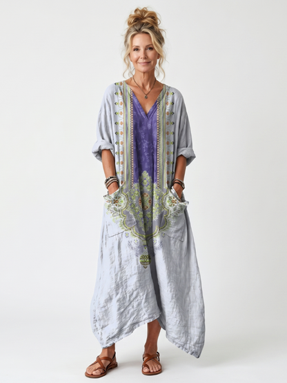 Erminia | Vestito Midi Oversize Ricamato a Pannello a Contrasto