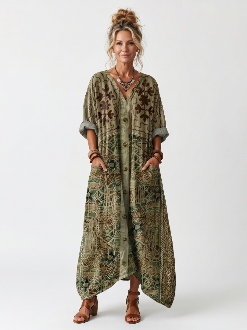 Caterina | Vestito Midi Oversize Ricamato con Bottoni e Tasche