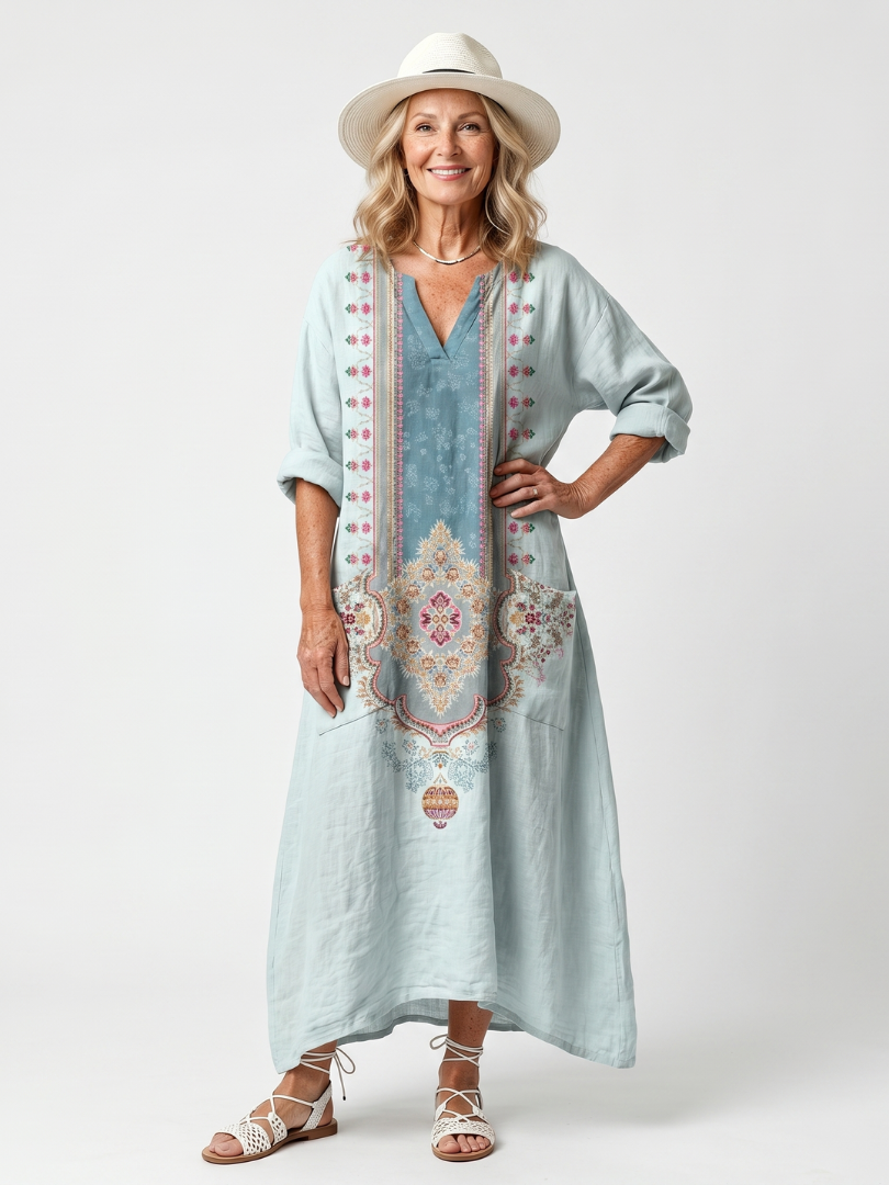 Laura | Vestito Midi Oversize Ricamato con Pannello Ornamentale