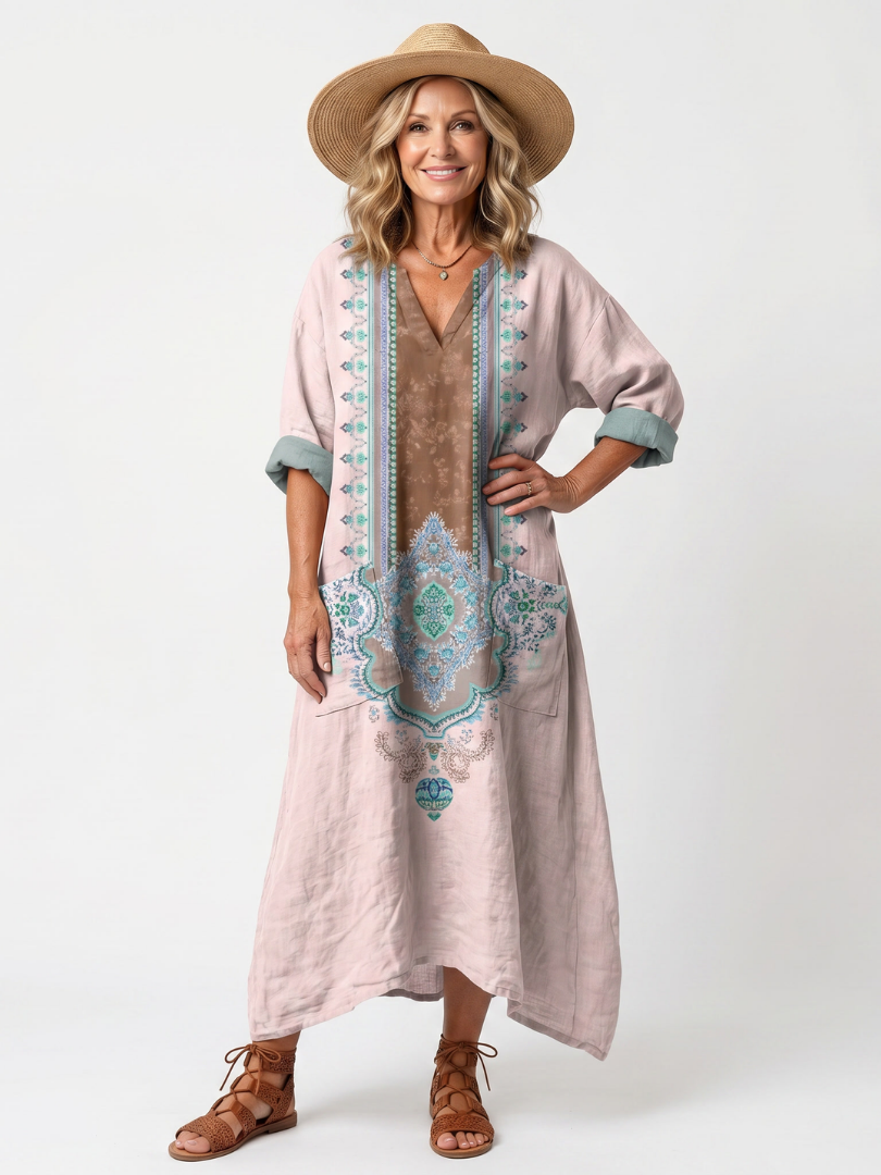 Gemma | Vestito Midi Rilassato Ricamato a Pannelli con Tasche