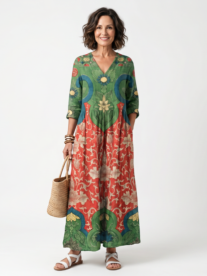 Fernanda | Vestito Midi con Stampa Mista e Collo a V