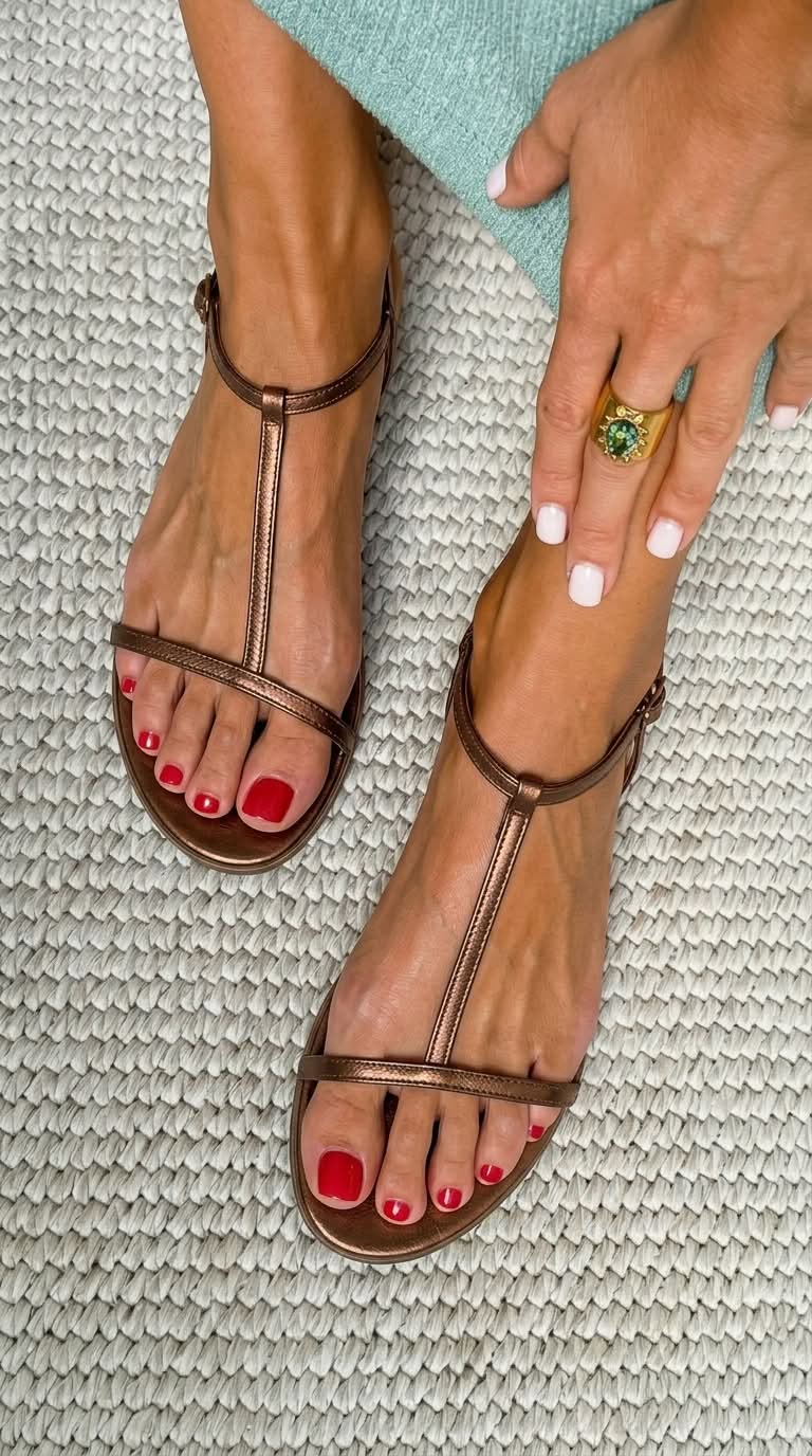 Sandalias planas de verano metalizadas con tira en T minimalista