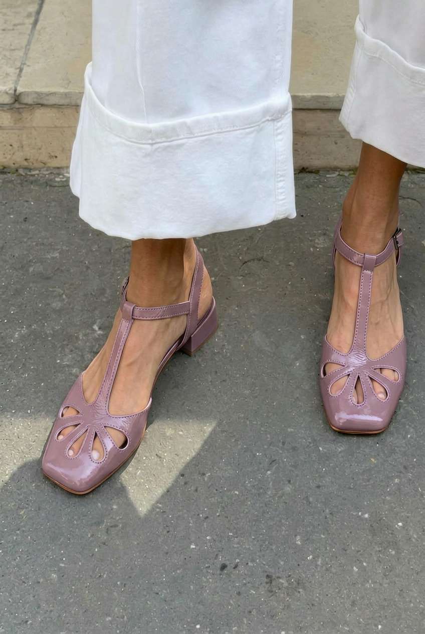 Tacones de bloque naranjas con tira en T, punta cuadrada y cut-out floral