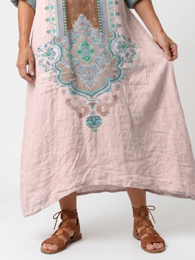 Gemma | Vestito Midi Rilassato Ricamato a Pannelli con Tasche