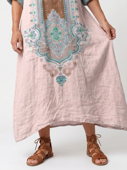 Gemma | Vestito Midi Rilassato Ricamato a Pannelli con Tasche