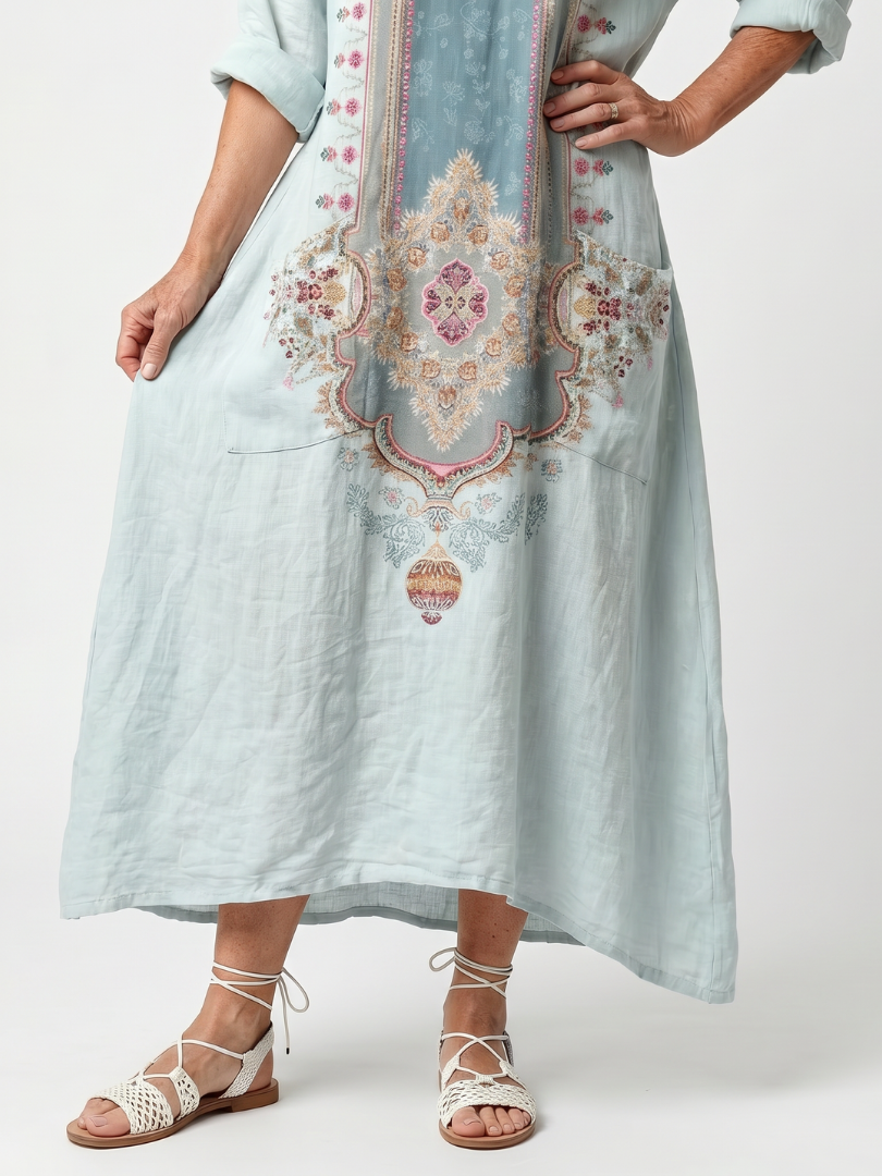 Laura | Vestito Midi Oversize Ricamato con Pannello Ornamentale