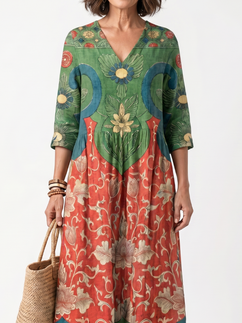 Fernanda | Vestito Midi con Stampa Mista e Collo a V
