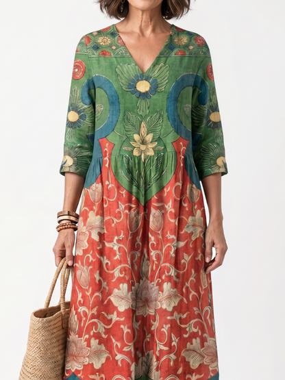 Fernanda | Vestito Midi con Stampa Mista e Collo a V