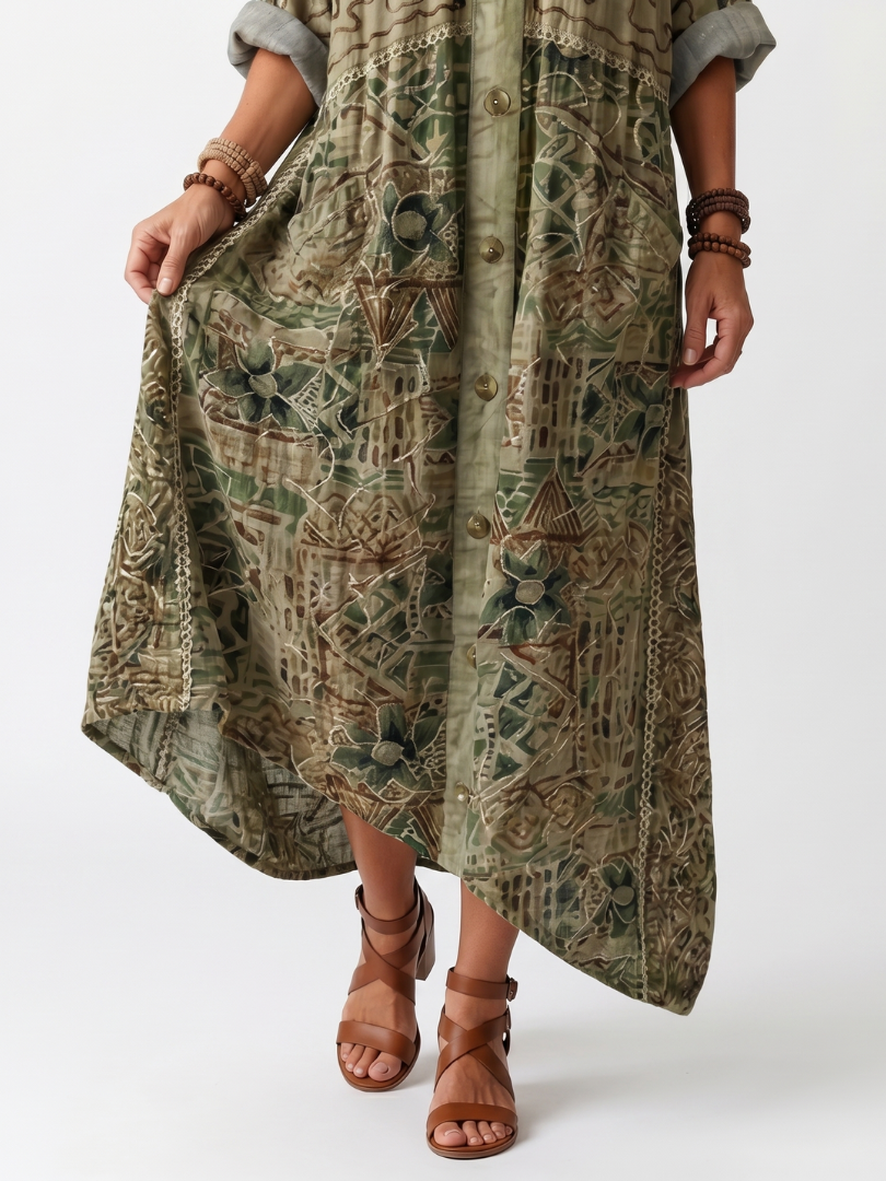 Caterina | Vestito Midi Oversize Ricamato con Bottoni e Tasche