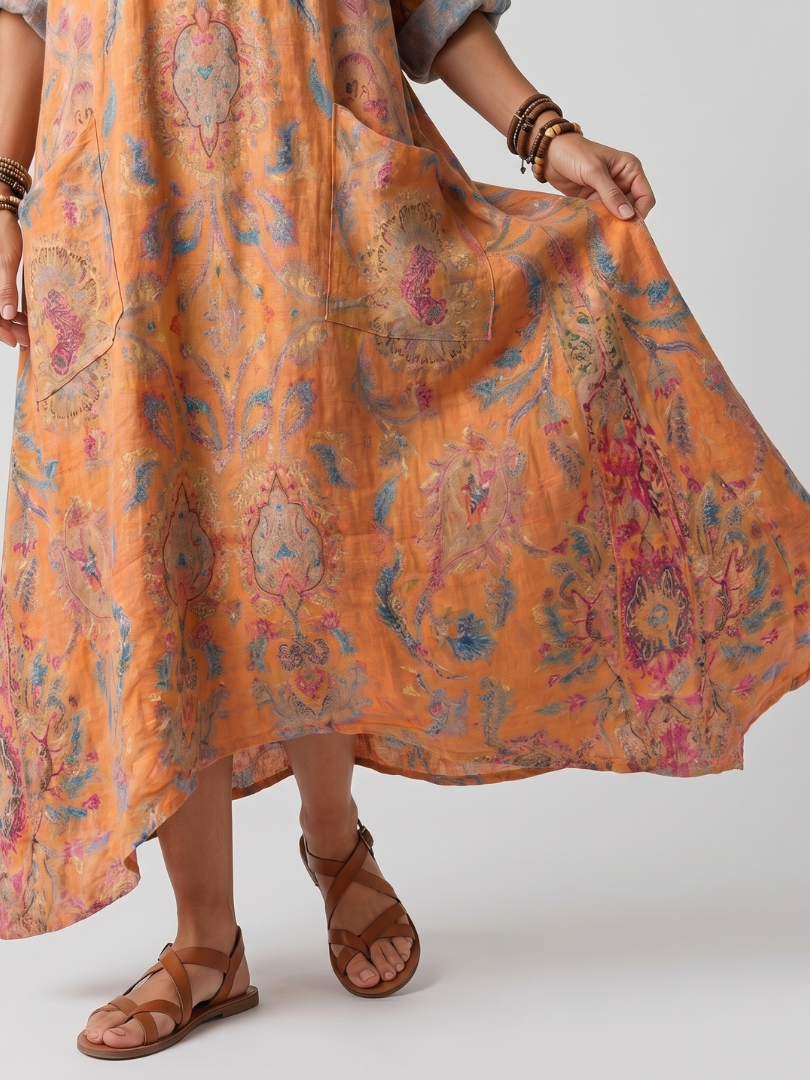 Antonella | Vestito Midi Oversize Stampato con Tasche e Collo a Intaglio
