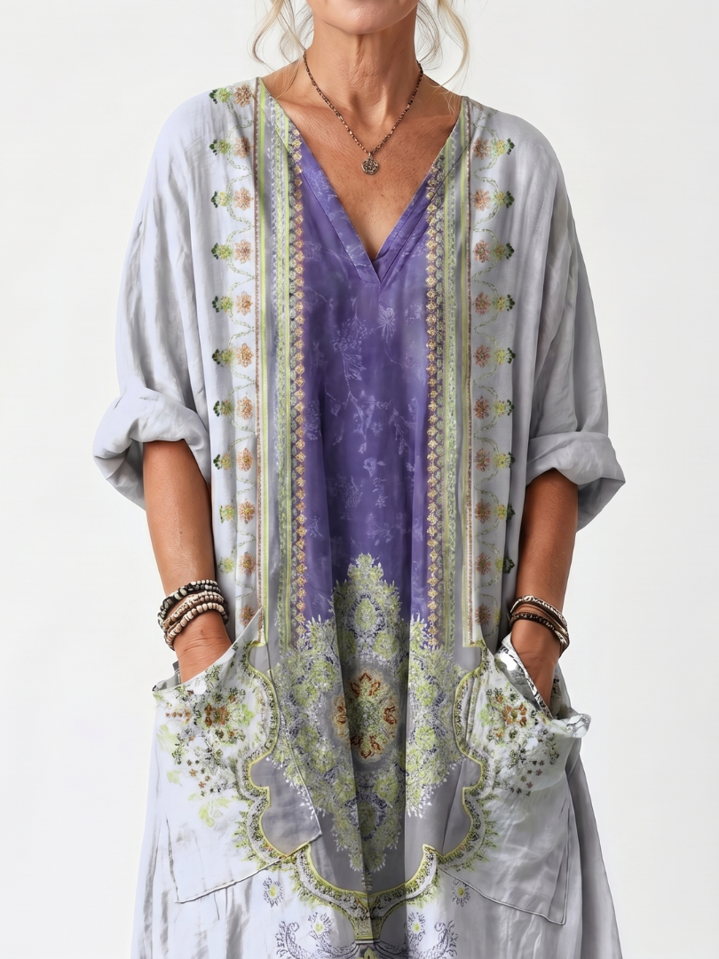 Erminia | Vestito Midi Oversize Ricamato a Pannello a Contrasto