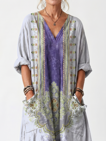 Erminia | Vestito Midi Oversize Ricamato a Pannello a Contrasto