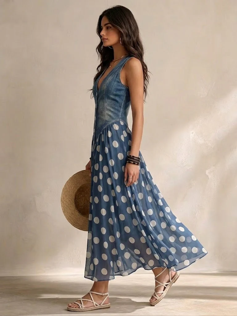 Alba - Vestido largo denim y lunares