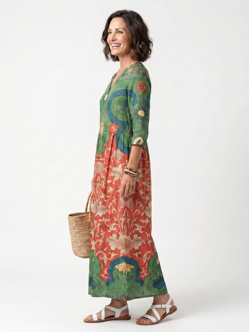 Fernanda | Vestito Midi con Stampa Mista e Collo a V