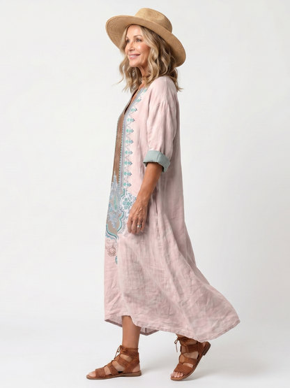 Gemma | Vestito Midi Rilassato Ricamato a Pannelli con Tasche