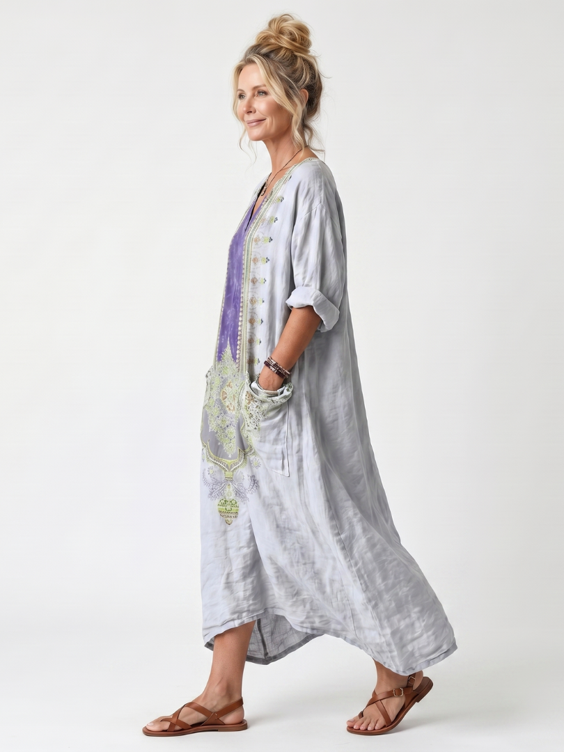 Erminia | Vestito Midi Oversize Ricamato a Pannello a Contrasto