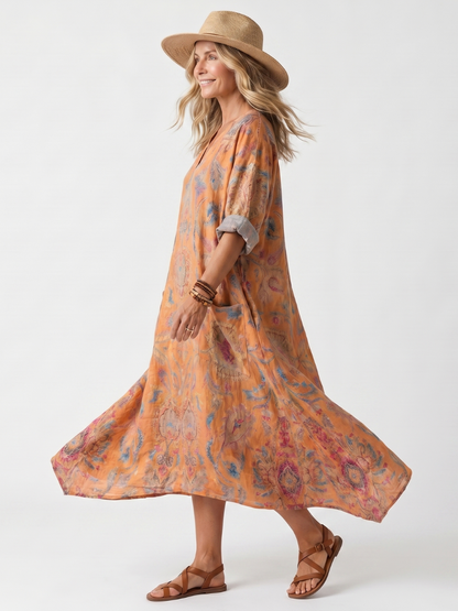 Antonella | Vestito Midi Oversize Stampato con Tasche e Collo a Intaglio