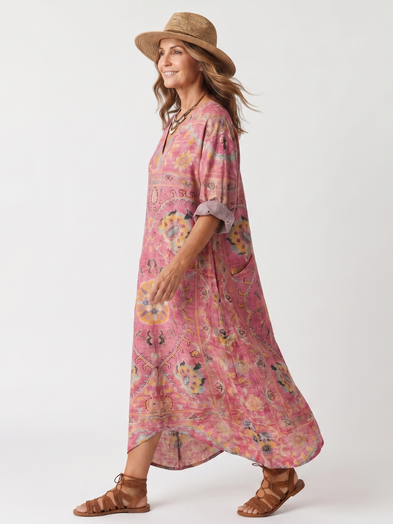 Domenica | Vestito Midi Rilassato Stampato con Tasche
