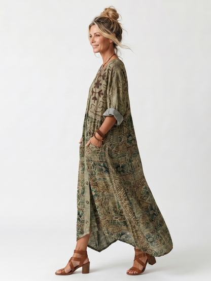 Caterina | Vestito Midi Oversize Ricamato con Bottoni e Tasche