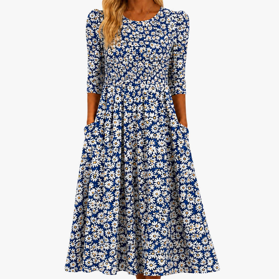 Teresa - Vestido midi cobalto con margaritas