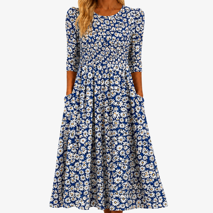 Teresa - Vestido midi cobalto con margaritas