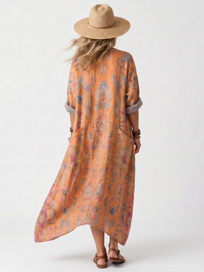 Antonella | Vestito Midi Oversize Stampato con Tasche e Collo a Intaglio