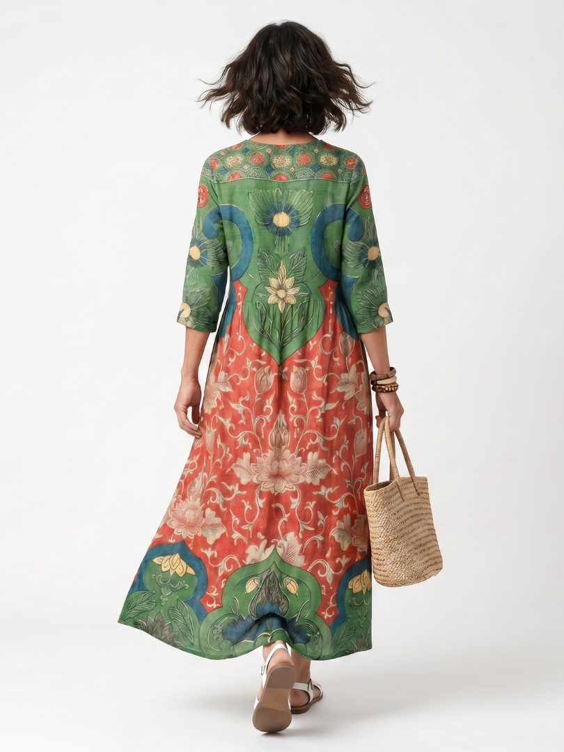Fernanda | Vestito Midi con Stampa Mista e Collo a V