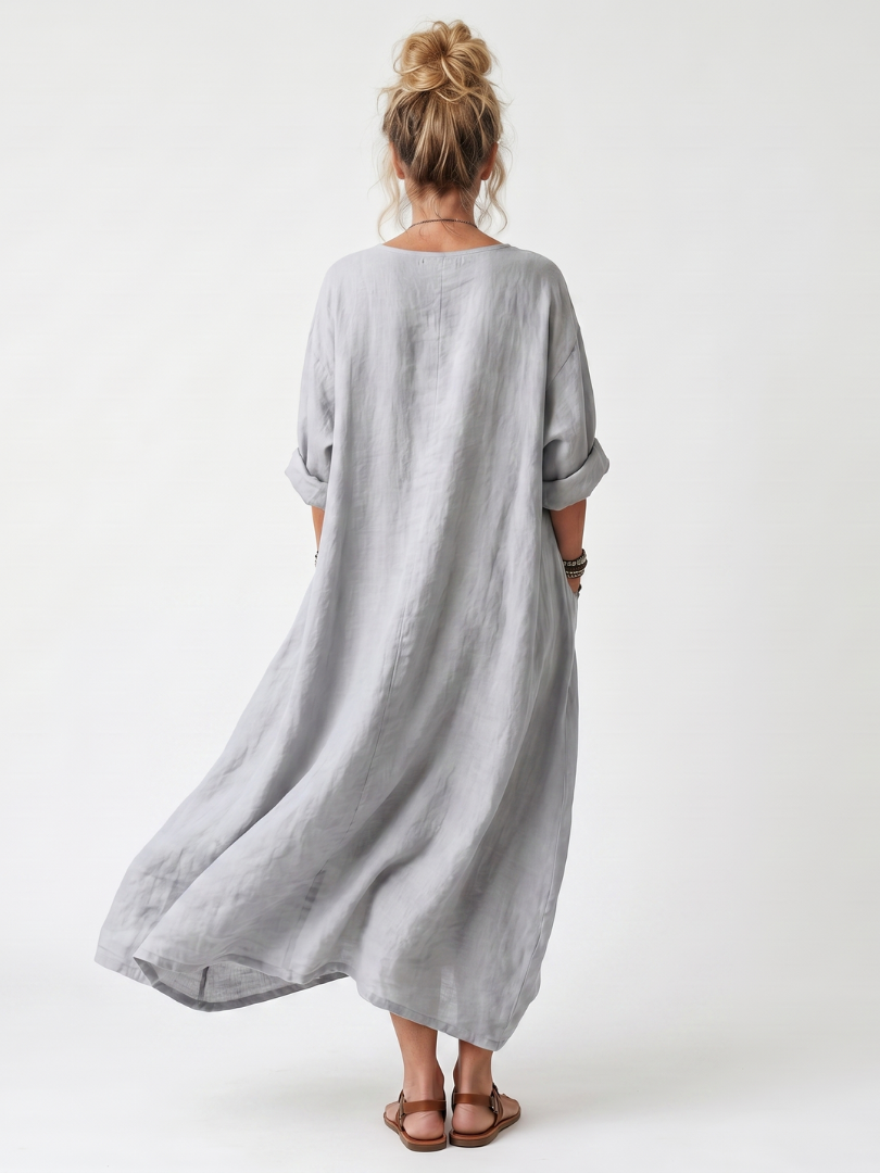 Erminia | Vestito Midi Oversize Ricamato a Pannello a Contrasto