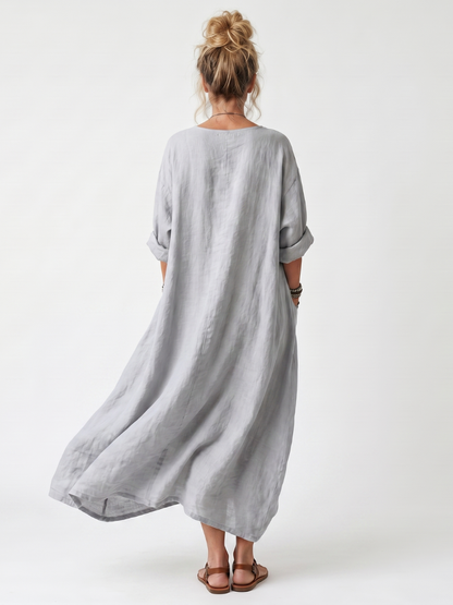Erminia | Vestito Midi Oversize Ricamato a Pannello a Contrasto