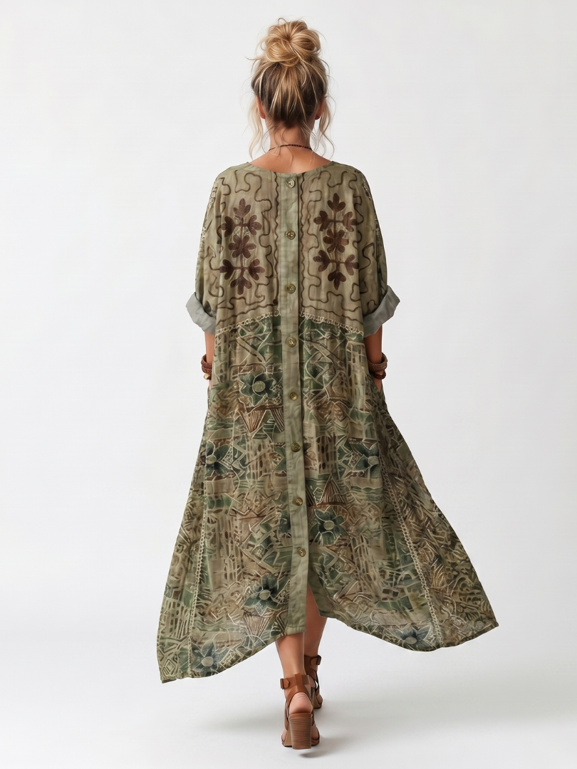 Caterina | Vestito Midi Oversize Ricamato con Bottoni e Tasche