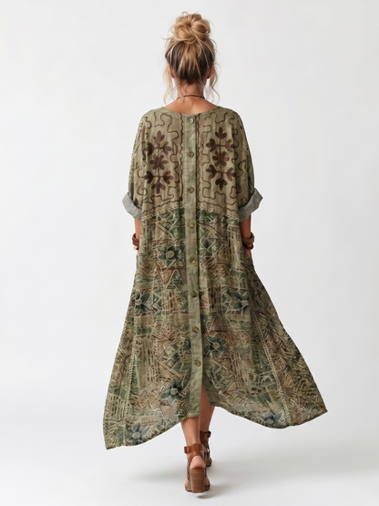 Caterina | Vestito Midi Oversize Ricamato con Bottoni e Tasche