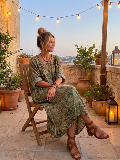 Caterina | Vestito Midi Oversize Ricamato con Bottoni e Tasche