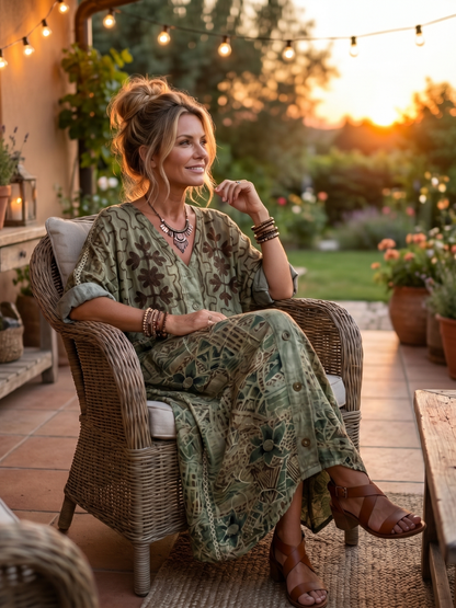 Caterina | Vestito Midi Oversize Ricamato con Bottoni e Tasche