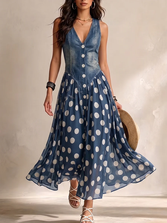 Alba - Vestido largo denim y lunares