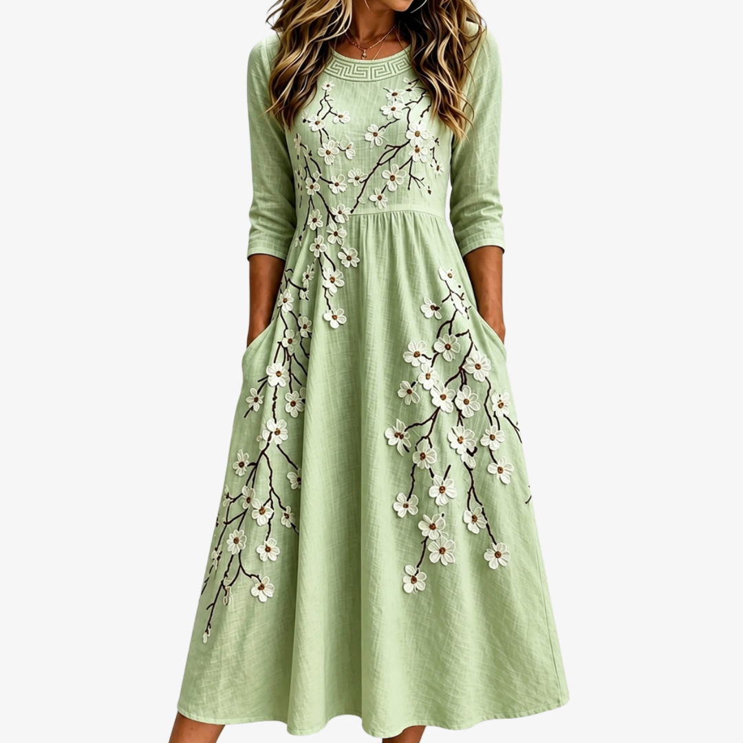 Aurora - Vestido midi verde con flores bordadas
