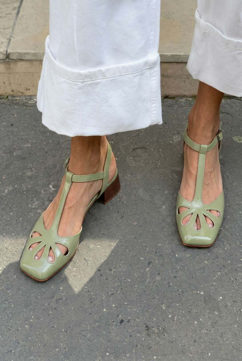 Tacones de bloque naranjas con tira en T, punta cuadrada y cut-out floral