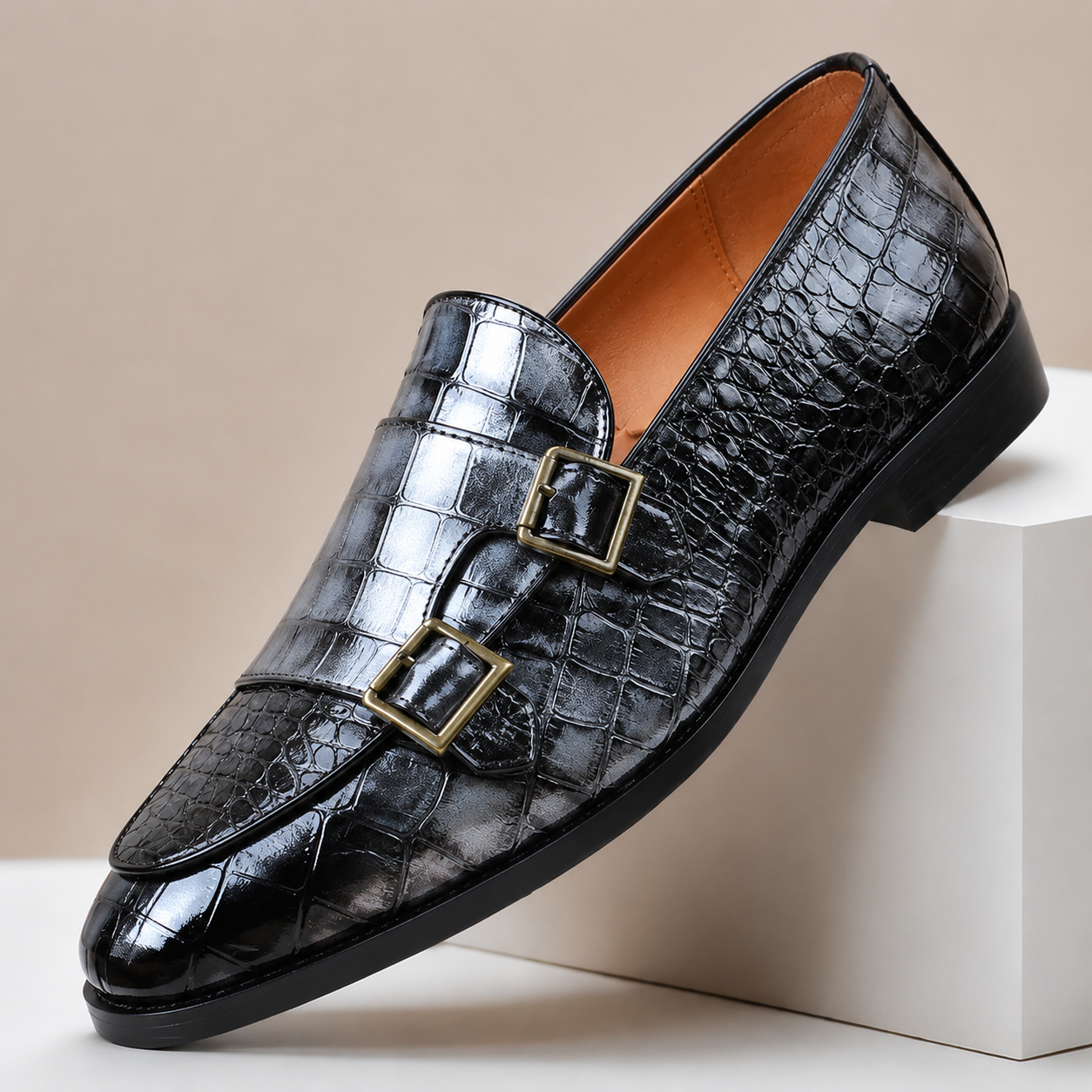 Hugo | Mocasín Efecto Cocodrilo Doble Hebilla