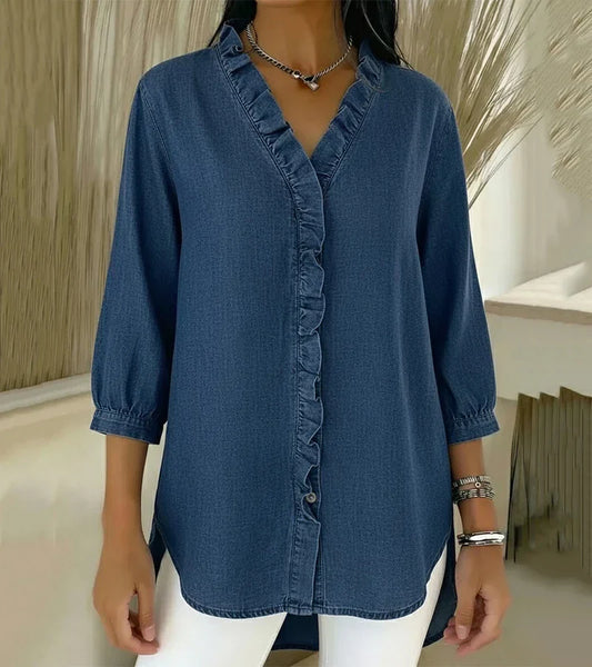 Clemencia — Blusa fluida con escote en V con volantes