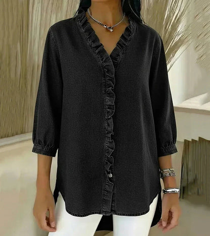 Clemencia — Blusa fluida con escote en V con volantes