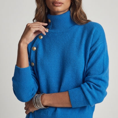Susana - Maglione a Collo Alto Chic Elegante con Bottonatura Asimmetrica