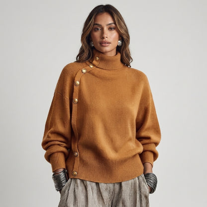 Susana - Maglione a Collo Alto Chic Elegante con Bottonatura Asimmetrica
