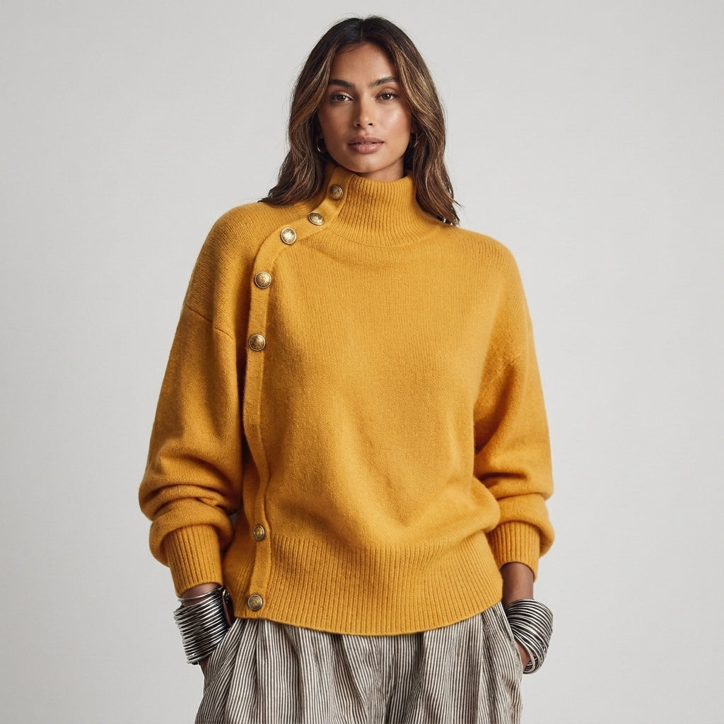 Susana - Maglione a Collo Alto Chic Elegante con Bottonatura Asimmetrica